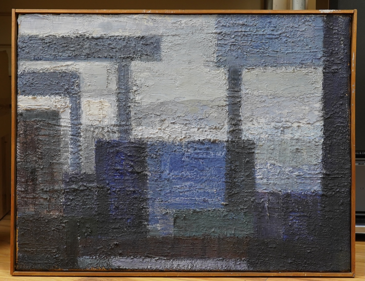 Erik Jahelsen, Untitled abstract composition, Geometric shapes, inscribed verso, and dated 1962/1963, mid century impasto oil on canvas, 53 x 68cm